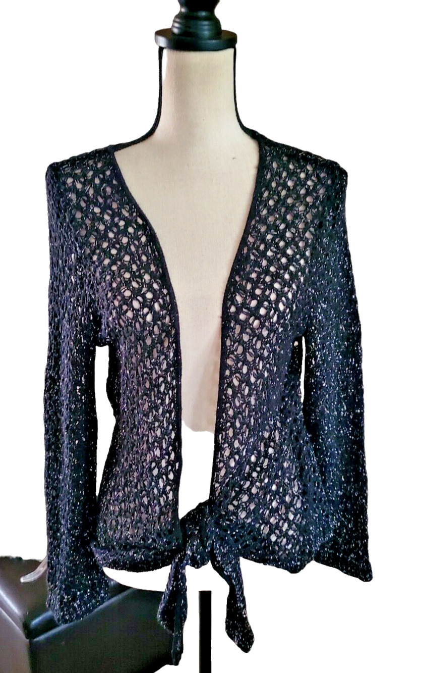 Classic Elements Woman Black Open Weave W/Silver Thread Tie Front Sweater 1X